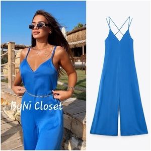 ZARA NWT! Satin Effect Oversized Wide Leg Electric Blue Jumpsuit Size S